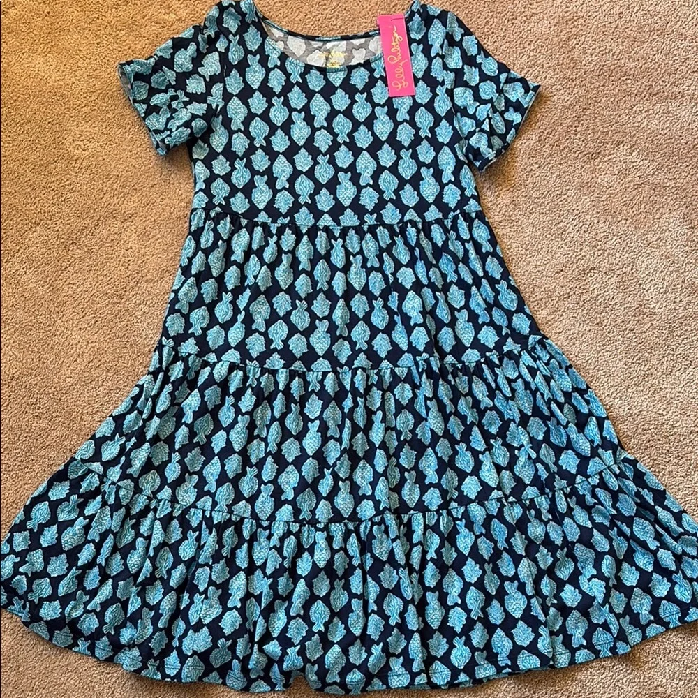 Lilly Pulitzer Jodee Navy Blue Fish Sundress with Crew Neck and Short Sleeves